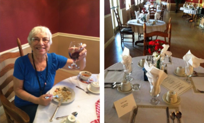 New Port Inn, on the left a woman sits at a nice dining room table and holds up a glass for the camera. on the right a larger view of the dining room, tables without people.