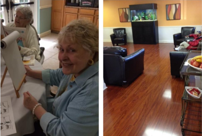 New Port Inn. On the left two women sit at a table drawing on easels for what looks like an art class. On the right a view of a living room with wood floor and a fish tank in the back against the wall.