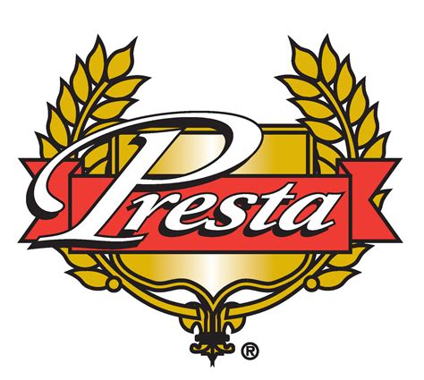 Presta Logo, The word Presta on a banner in front of a sort of shield or crest with grains of wheat on either side.