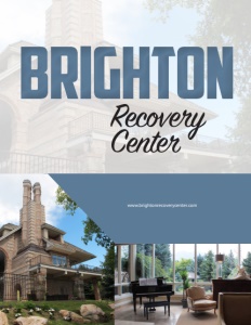 Brighton Recovery Center brochure cover with a photo of the outside of their building and one of an inside room with chairs and glass windows floor to ceiling.