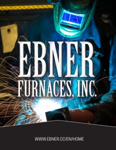 Ebner Furnaces Inc brochure cover, showing a person welding wearing protective gear.