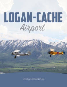 Logan-Cache Airport brochure cover page showing two biplanes flying with mountains behind.