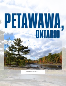 Petawawa Ontario brochure cover showing trees, clouds and a river.