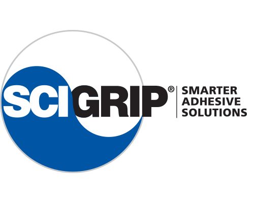 Scigrip logo, a blue and white circle with a yin and yang swirl separating each half with SCIGRIP on top. To the right it says smarter adhesive solutions.