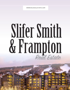 Slifer Smith Frampton Real Estate brochure cover showing a large multi story apartment building with a mountain behind and indoor lights on in each unit.