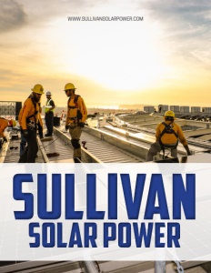 Sullivan Solar Power brochure cover with men working on a rooftop wearing protective helmets and clothing.