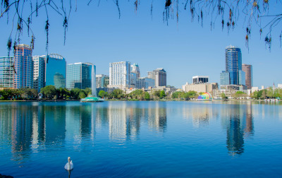 Orlando Florida lake Eola skyline view.