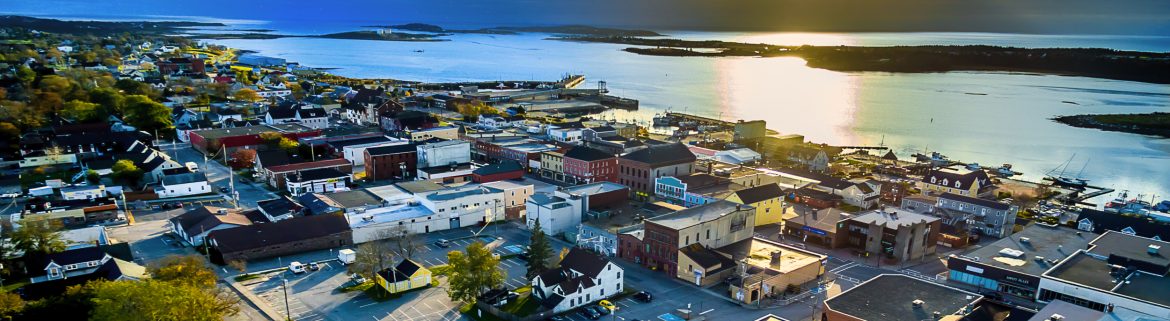 Yarmouth Nova Scotia aerial view with the sun shining on the water.