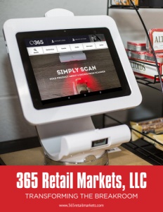 365 Retail Markets brochure cover showing an electronic point of sale system on a counter next to a rack of snacks.