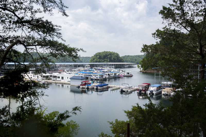 Russell County, Kentucky Jamestown Marina view from in between trees looking out onto the marina.